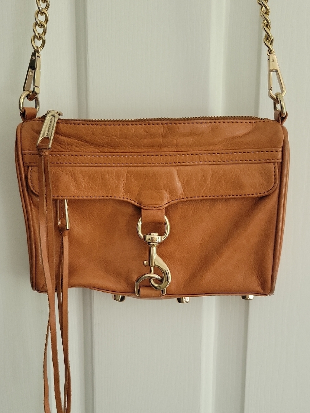 Rebecca MINKOFF Mini MAC Cognac Tan Brown Crossbody Bag with Gold Hardware